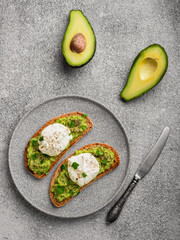 Avocado toast with poached egg in plate vertical shot