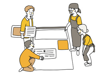 ウェブサイトのデザインについてクライアントと話し合うデザイナーの男性と女性　手描きの人物イラスト