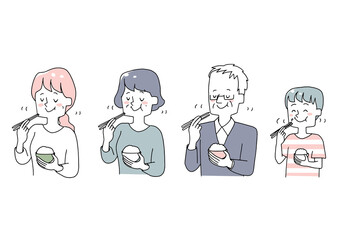 よく噛んで食事をとるさまざまな年代の人物のセット　温かみのある手描きの人物イラスト