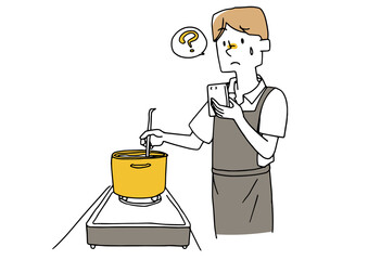 スマホを見ながら料理をする若い男性　温かみのある手描きの人物イラスト　白バックにベクター