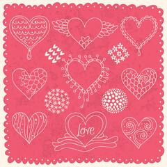 Fototapeta na wymiar Valentine's Day Hearts Retro Sketchy Doodles vector 