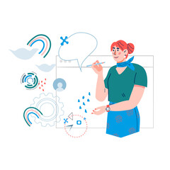 Businesswoman meeting up with team online via conference video call. Working from home and remote project management, flat cartoon vector illustration isolated on white background.