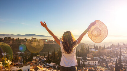 Fototapeta woman tourist happy looking at Alhambra view- Andalusia in Spain obraz