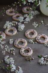 Obraz na płótnie Canvas Ring biscuits with lavender glaze. Fragrant Cookies on the table with spring blooming twigs.