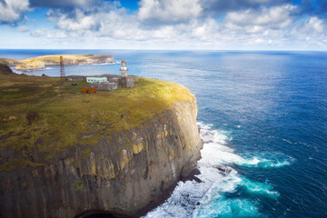 Top view on old Japanese lighthouse on Shikotan Island. Photo from a quadcopter