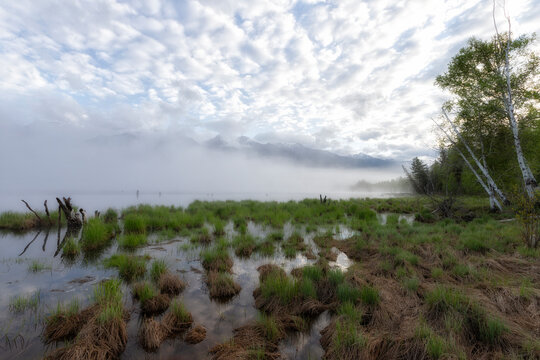 Foggy morning on the shore of the lake, Tunkinskaya valley, Buryatia, Russia