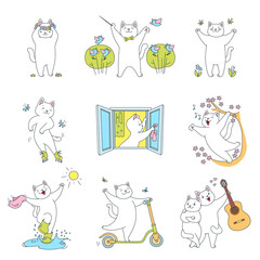 Collection of cute kittens enjoying springtime. Autumn illustrations of cute cats jumping through puddles, riding a scooter, listening to a singing bird in spring. Vector 10 EPS.