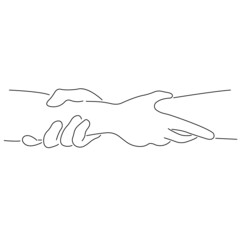 Contour gesture two hands holding each other tightly. A sign of help and hope. Silhouette black linear style on a white background. Isolated vector design