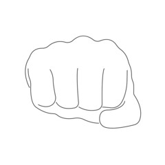 Contour hand gesture fist forward, punch strong hand. A sign of aggression of protest. Silhouette black linear style on a white background. Isolated vector design