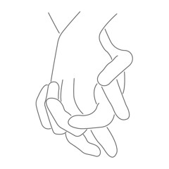 The contour of the male hand intertwines the female hand. A sign together means forever. A gesture of friendship or love. Vector isolated illustration
