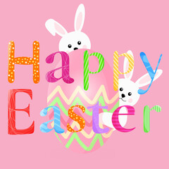 Vector illustration of Happy Easter, a cute white rabbit hugging a colorful egg and bright letters of text on a pink background.