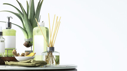 3D render of variety tropical aromatic body treatment container arrange with fresh lemongrass turmeric and beautiful succulent tillandsia on white background with copy space. Aroma stick, Blank label.