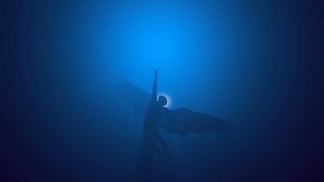 3d illustration of a fallen angel striving for light