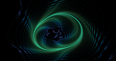 Abstract colorful glowing blue and green shapes form spiral. Fantasy fractal texture. Festive wallpaper. Computer creativity. 3D rendering.