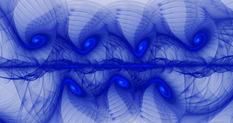 Abstract colorful transparent blue shapes form spirals. Fantasy fractal texture. Festive wallpaper. Computer creativity. 3D rendering.