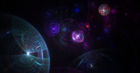 Abstract festive background with colorful glowing  circles. Fantastic glowing fractal shapes. Festive wallpaper. Digital fractal art. 3d rendering.