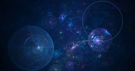 Abstract festive background with glowing blue and pink circles. Fantastic glowing fractal shapes. Festive wallpaper. Digital fractal art. 3d rendering.