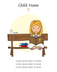 First communion card. Girl sitting on a bench reading the bible