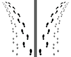 Footprints of man and dog, turn left and turn right