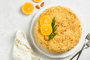 Citrus honey cake on plate. Top view.