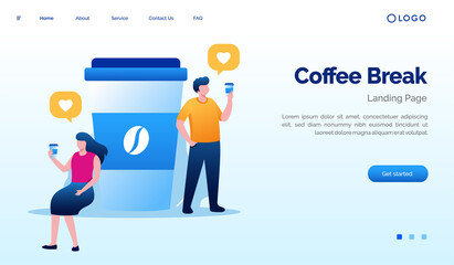 Coffee break landing page website illustration vector flat design. Coffee illustration