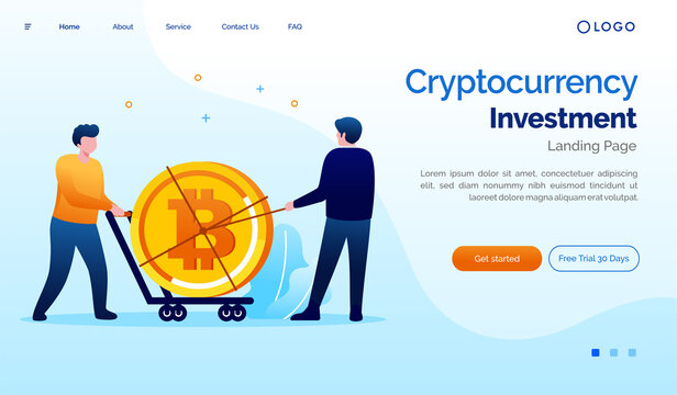 Bitcoin cryptocurrency investment landing page. Marketplace website illustration flat vector template. Mining crypto