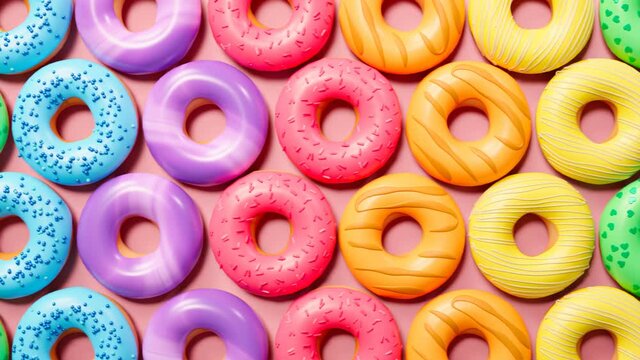 Rainbow colorful glazed donuts. Seamless looping animation. Sweet dessert.
