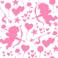 Vector Valentine day seamless pattern with cupid and hearts silhouettes isolated. For packaging paper, scrapbooking, prints, holiday cards etc.