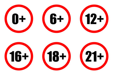 Censored 0, 3, 6, 12, 18, 21 plus sign limit concept. Age restrictions, censorship