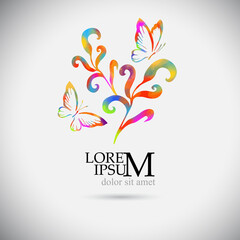 Logo is a multi-colored twig with butterflies . Vector illustration