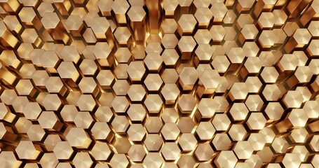 Hexagon Cell Honeycomb Gold 3D Rendering Reflection Background Motion