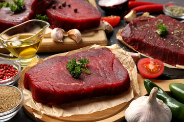 Concept of cooking with raw beef steaks, close up
