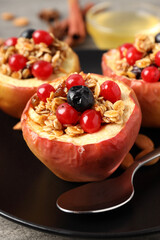 Concept of tasty food with baked apples, close up