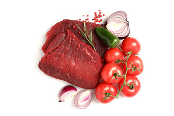 Raw beef steaks and ingredients isolated on white background