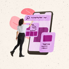Creative design. Contemporary art collage. Young woman, professional web developer and designer testing new mobile app © Lustre Art Group 