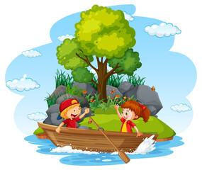 Obraz na płótnie Canvas Isolated cartoon island with children on wooden boat