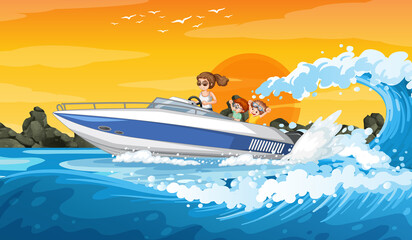 Ocean wave scenery with a woman driving a boat with children