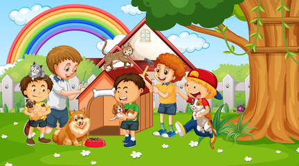 Obraz na płótnie Canvas Park scene with children playing with their animal pets