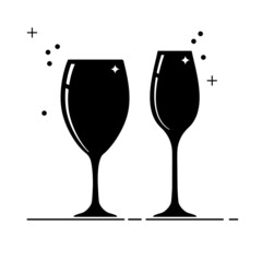Two glasses of champagne. Wine glass black symbol for logo.
