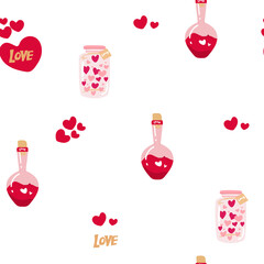 Seamless pattern with love potion bottle. Vector illustration. Design for Valentines Day. Love potion Hand draw cartoon magic bottles. for wrap paper, wallpaper, background, seasonal textile.