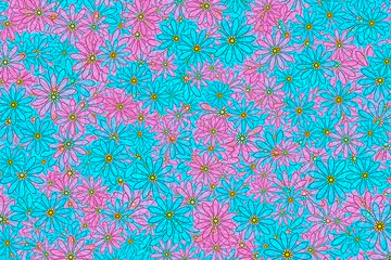Background illustration of layers of stylized transparent pink and blue daisy flowers.