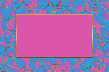 Illustration banner of layers of pink and blue hearts with a gold edges with a blank rectangle frame for text.