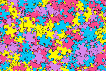 Background illustrations of a mass of pink, blue, yellow and purple jigsaw pieces.