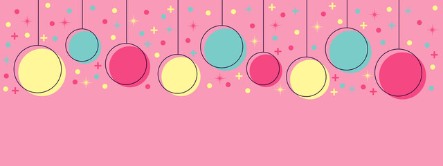 Background banner illustration of Memphis style hanging Christmas baubles in pink, green and yellow on a pale pink background with space for text.