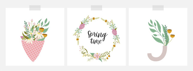 Collection of floral cards with hand drawn illustrations - in vase, in paper bouquet, floral frame with calligraphy. Pretty vector decorations. Isolated on white.