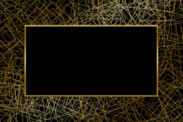 Illustration banner of overlapping gold lines on a black background with a blank rectangle for text