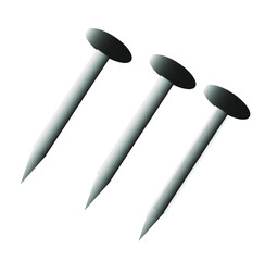 Set of vector illustration for construction, three iron nails isolated on white background. 
