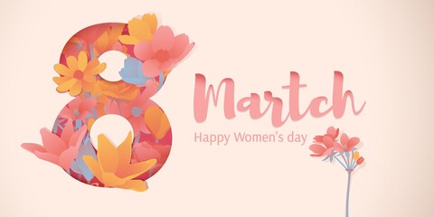 Banner for the International Women's Day. Flyer for March 8 with the decor of flowers. Invitations with the number 8 in the modern style with a pattern of spring plants, leaves and flowers. Vector