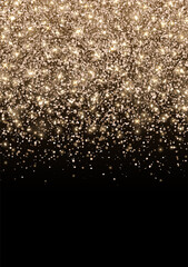 Bronze gold sparkling scattering glitter on black background vertical flyer. Vector