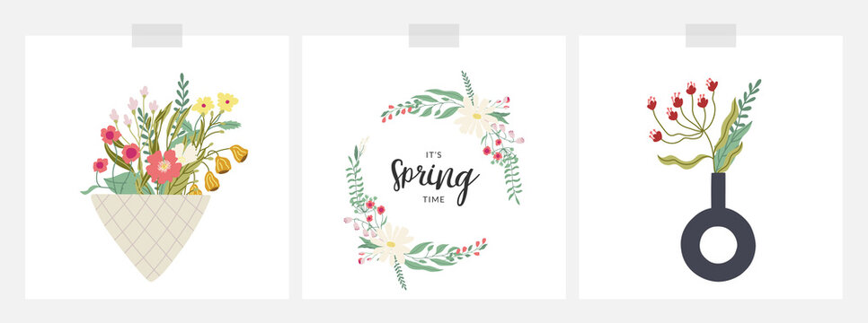 Set of spring cards with flowers - in vase, in bouquet, floral frame. Pretty vector decorations. Flat hand drawn illustrations. Isolated on white.